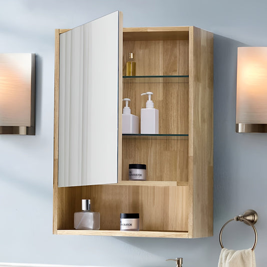 Wooden corner cabinet with glass shelves in a bathroom setting