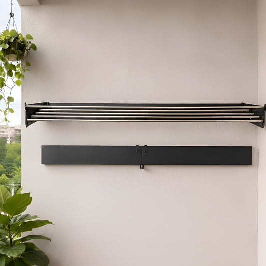 Modern outdoor wall-mounted heater with plants on a wooden deck