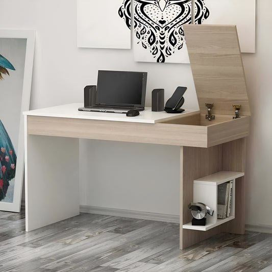 Wooden desk with computer setup against a white wall