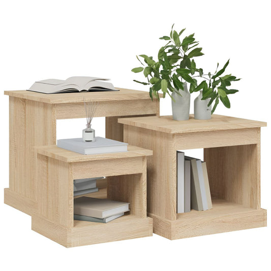 Wooden side table with shelves and a plant on a white background