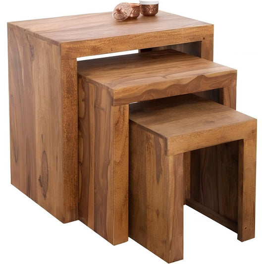 A set of brown, rectangular nesting tables made from MDF, with the top table displaying a decorative item.