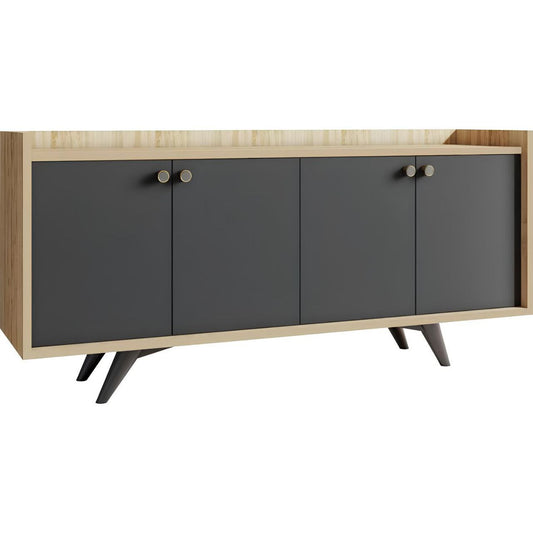 Cabinet with dark gray doors and wooden frame on a white background